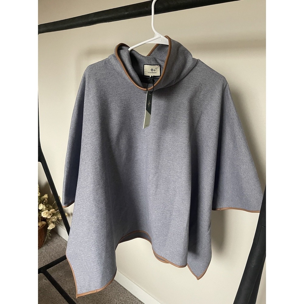 TUCKERNUCK  Slate Blue Leather Trim Funnel Piper Poncho Scuba‎ Neck One Size NWT